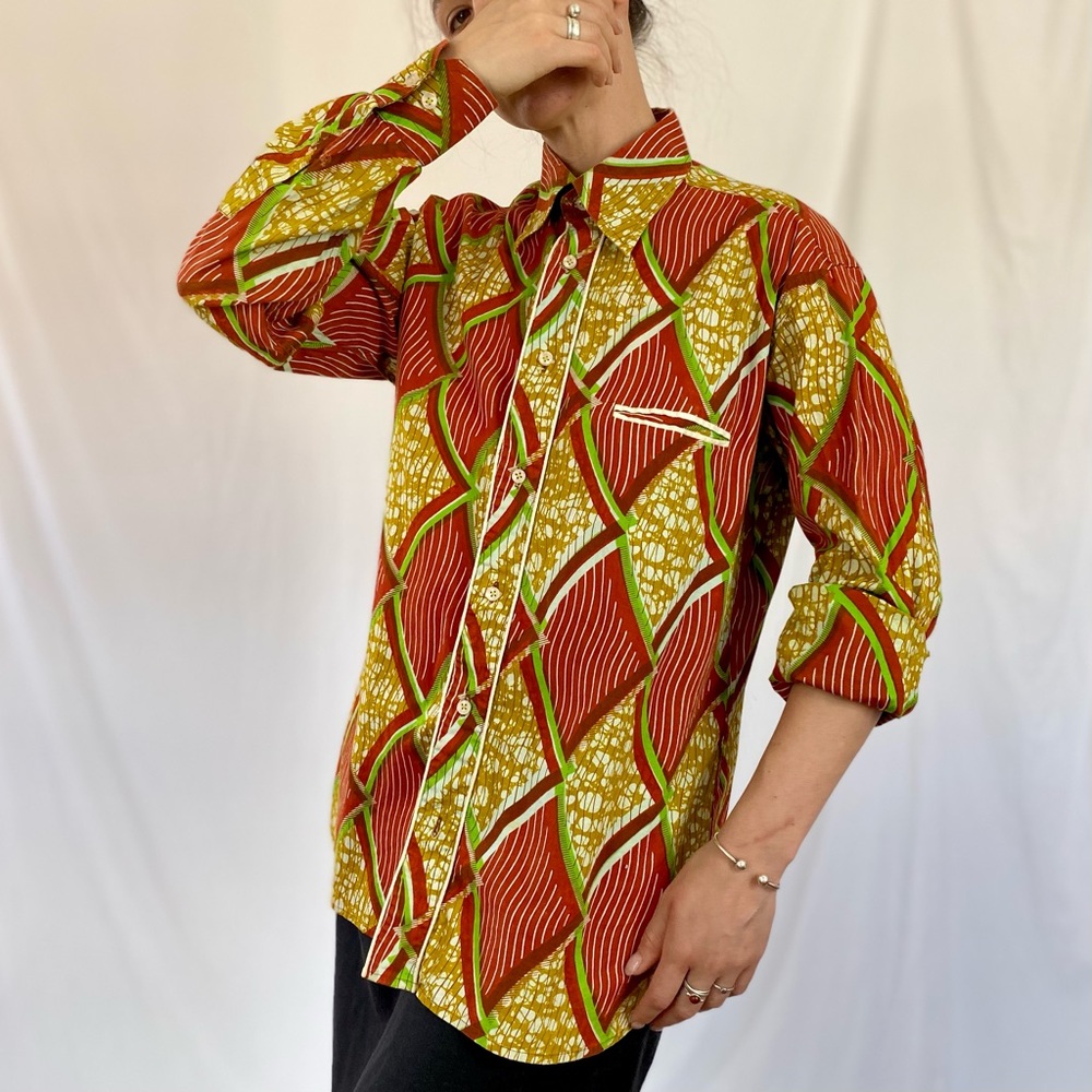 Vintage Wax Block Print Button Up Long Sleeve Blo… - image 2